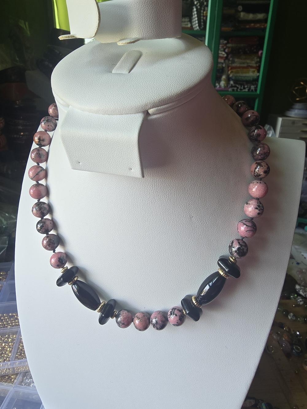 Pink Rhodonite and Black Onyx Beaded Necklace with Gold Accents